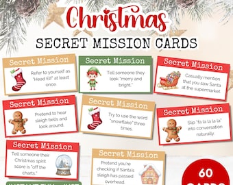 Gioco di cena con missione segreta di Natale, 60 carte stampabili + modello vuoto, divertente gioco di società per amici