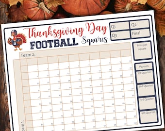 Thanksgiving Day Football Squares, Editable PDF Game, 100 Numbered Squares, Fun Family Activity, Fundraiser, Digital Download