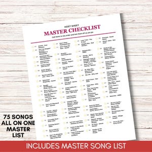 May include: A white paper host sheet titled MASTER CHECKLIST with a numbered list of 75 songs and artists. Each entry has a small square checkbox to the left. The text is printed in black and dark red ink on a white background with a clean layout.