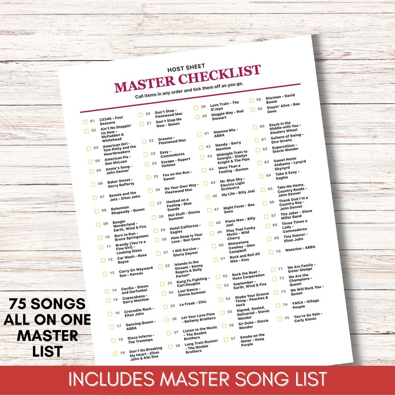 May include: A white paper host sheet titled MASTER CHECKLIST with a numbered list of 75 songs and artists. Each entry has a small square checkbox to the left. The text is printed in black and dark red ink on a white background with a clean layout.