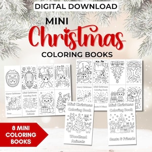 May include: A collection of eight mini Christmas coloring books. The books feature various festive illustrations, including woodland animals, Santa, and friends. The words "DIGITAL DOWNLOAD," "MINI Christmas COLORING BOOKS," and "8 MINI COLORING BOOKS" are displayed.