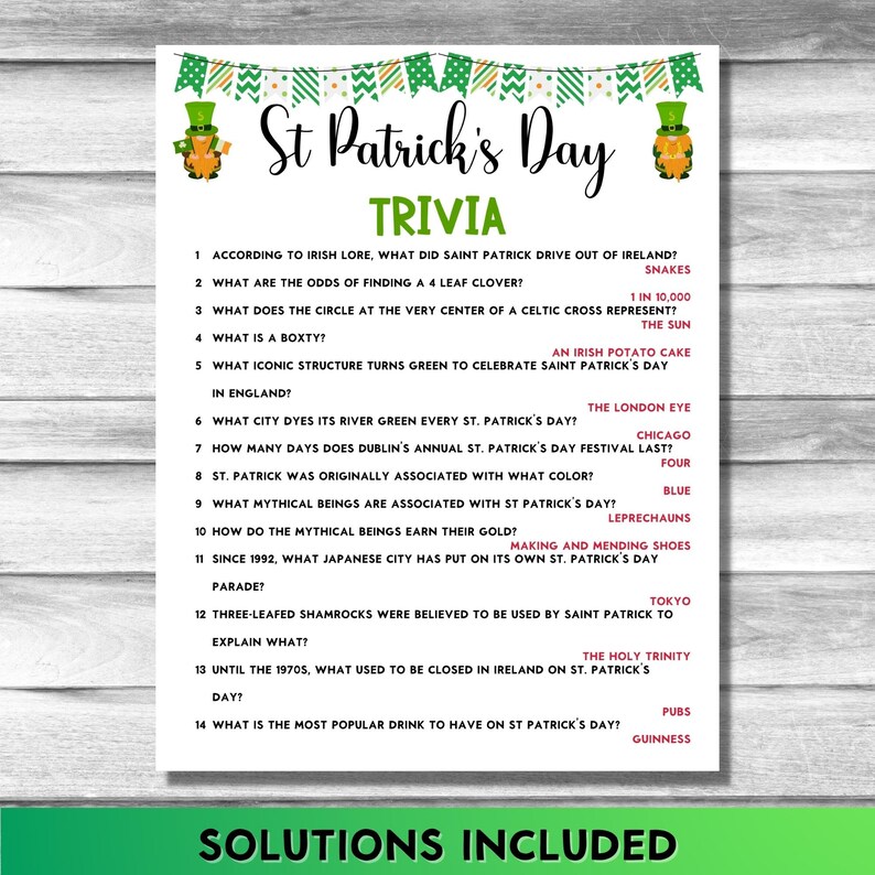 Printable St Patrick's Day Trivia Quiz Party Game St Etsy