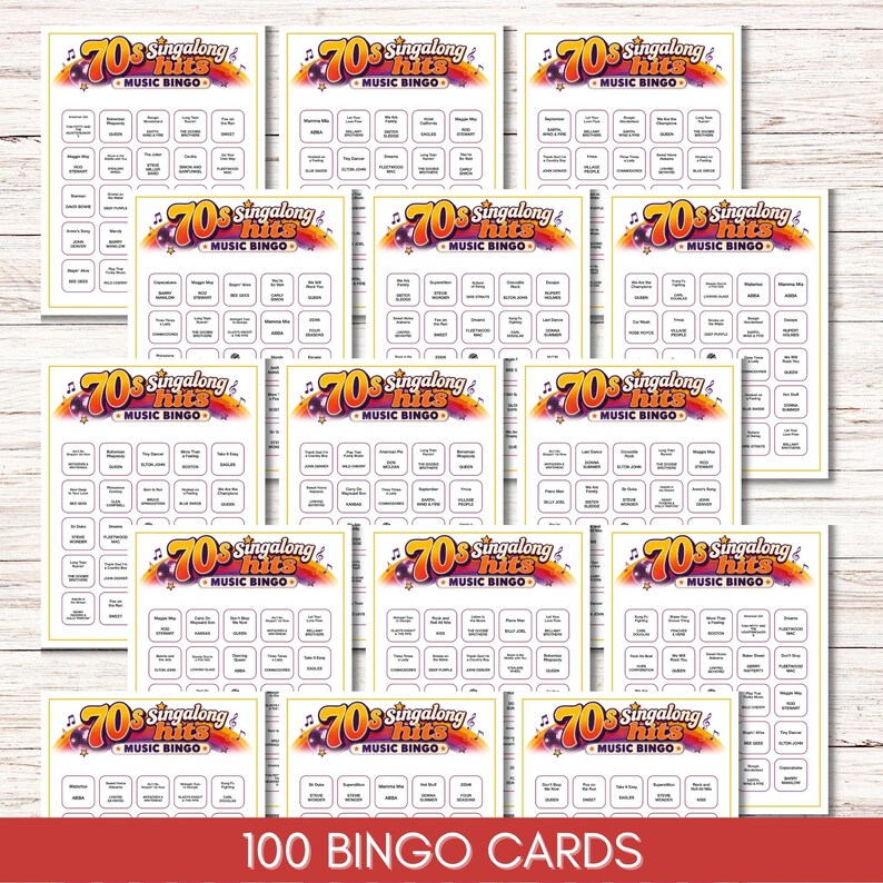 May include: A collection of 100 bingo cards titled 70s Singalong Hits Music Bingo. Each card features a colorful header with a rainbow graphic, musical notes, and a grid of song titles and artist names printed in black text on a white background.