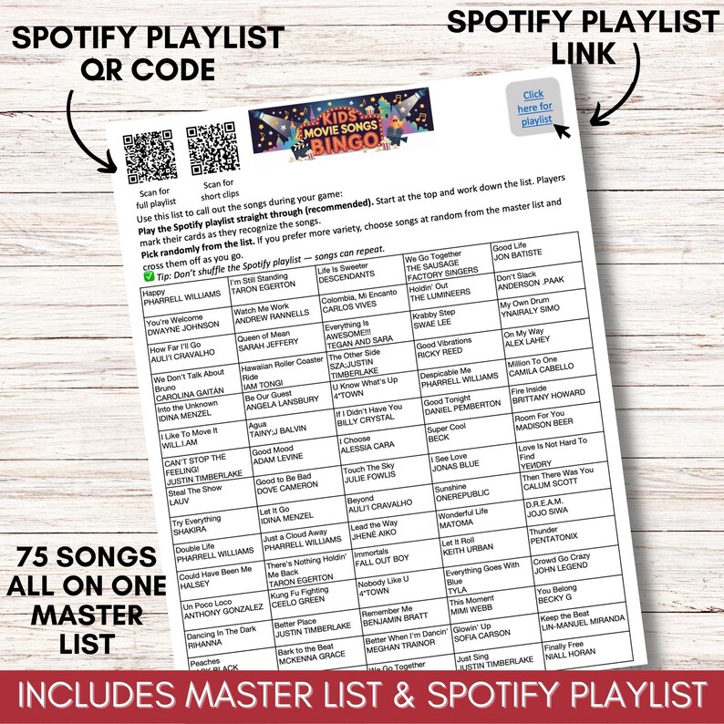 Kids Movie Music Bingo – Animated Songs Game, 100 Unique Cards Printable PDF
