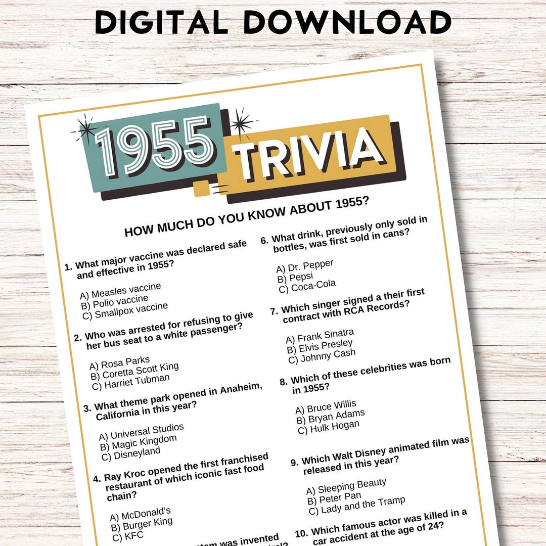 1955 Trivia Game, 70th Birthday Party Activities, Printable Fun Facts ...