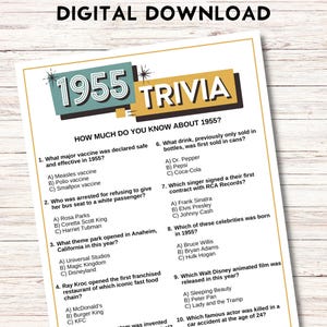 1955-Trivia-Spiel, 70.Geburtstag-Partyaktivitäten, druckbare lustige Fakten, sofortiger Download