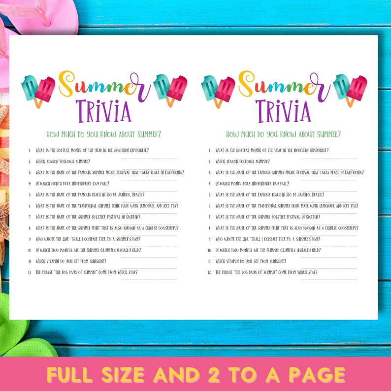 Summer Trivia Quiz Game, Printable Activity, Pool Party, Family Fun