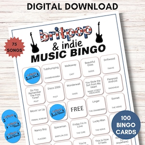 Puede incluir: Descarga digital de un juego de Bingo de música Britpop & Indie. El juego presenta 75 canciones y 100 cartones de bingo. El diseño incluye una bandera de la Union Jack, guitarras y títulos de canciones como "Wonderwall".