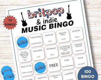 Bingo musical de britpop de los 90: 75 canciones, 100 cartones (descarga digital)
