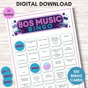 80s Music Bingo, 100 Printable Bingo Cards, Fun Party Game, Digital Download, 80s Playlist Included, Perfect for Birthday Celebrations