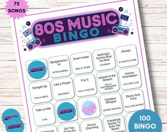 Muziekbingo uit de jaren 80, 100 afdrukbare bingokaarten, leuk gezelschapsspel, digitale download, afspeellijst uit de jaren 80 inbegrepen, perfect voor verjaardagsvieringen