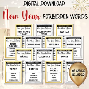 Mots interdits | Jeu de fête du Nouvel An | Jeu de cartes familiales du Nouvel An | Ne dites pas | Jeu de fête en famille | Jeu de réveillon du Nouvel An à imprimer