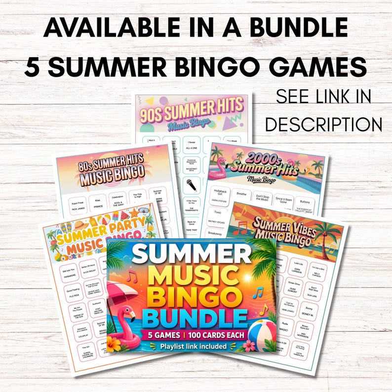 May include: A bundle of five summer music bingo games. Each game card features a different music theme, including 80s, 90s, and 2000s hits. The bundle includes 100 cards per game, with a playlist link included.