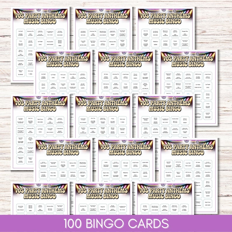 70s Party Anthems Music Bingo, 75 Songs, 100 Cards, Printable Retro Party Game