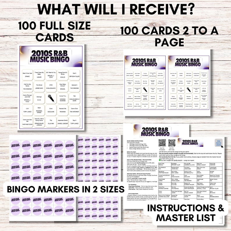 2010s R&B Music Bingo Game – Printable Party Game, 75 Songs 100 Cards