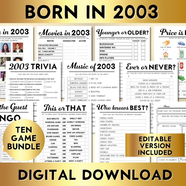 21st Birthday Party Games, Born in 2003, Printable 10 Game Bundle, Instant Download, Editable, Personalize, Music, Trivia, Guest Book BP001