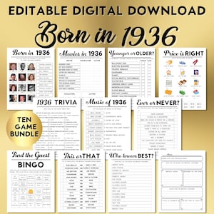 以下が含まれることがあります： 「1936年生まれ」をテーマにしたデジタルダウンロード。トリビア、映画、音楽のクイズ、ビンゴゲーム、価格比較ゲームが含まれています。デザインは、クリーム色の背景に黒いテキスト、金色の「Ten Game Bundle」シールが特徴です。