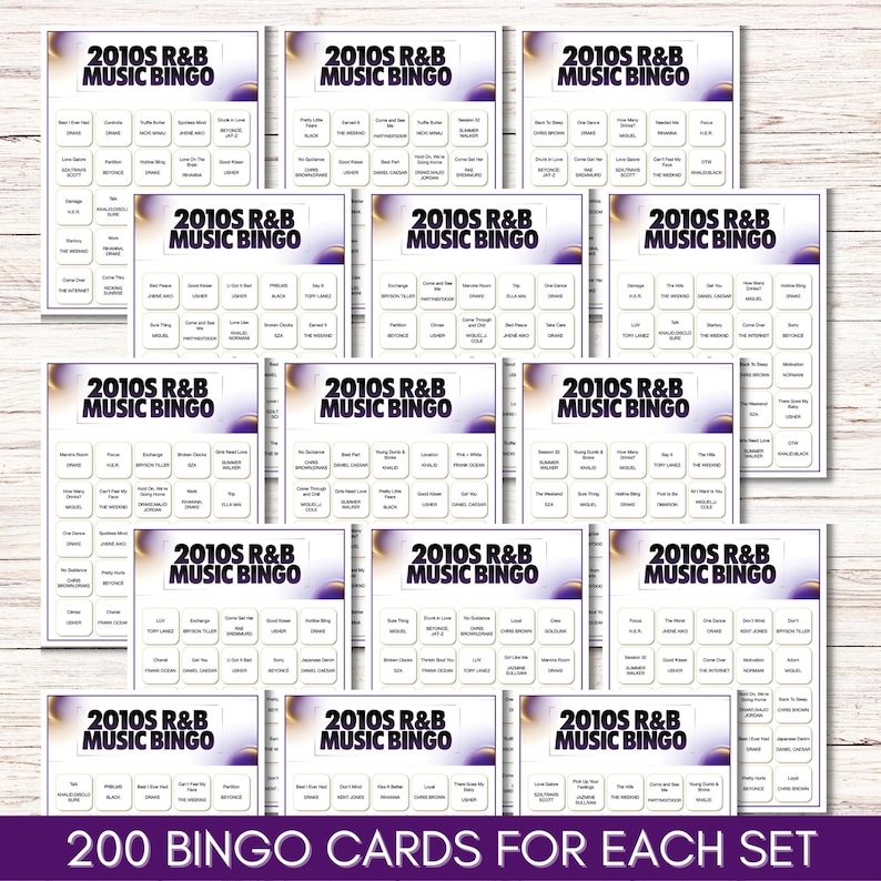 R&B Music Bingo Bundle – 5 Games | 200 Cards, 80s, 90s, 2000s, 2010s, Party Classics, Printable Party Game