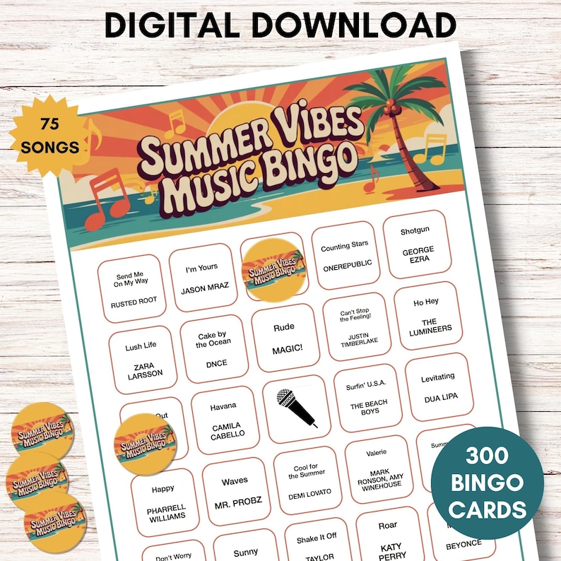 Sommarvibbar Musikbingo – Utskrivbart spel med 300 bingobrickor bild 1
