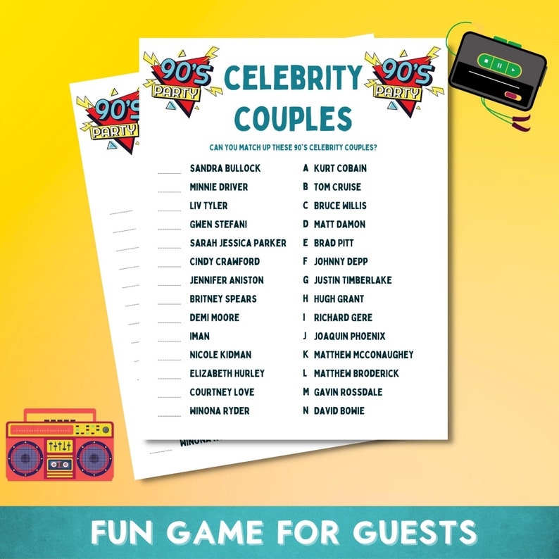Printable 90's Celebrity Couples Quiz Game Instant - Etsy