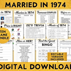 50e huwelijksverjaardag Party Games, getrouwd in 1974, bewerkbare gouden bruiloft afdrukbare 10 gamebundel, Instant Download, Bingo, Gastenboek