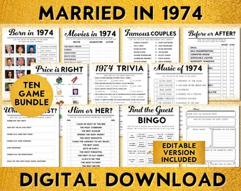 Jeux de fête pour 50e anniversaire de mariage, mariés en 1974, lot de 10 jeux imprimables noces d'or modifiables, téléchargement immédiat, bingo, livre d'or