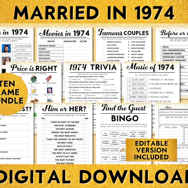 Jeux de fête pour 50e anniversaire de mariage, mariés en 1974, lot de 10 jeux imprimables noces d'or modifiables, téléchargement immédiat, bingo, livre d'or