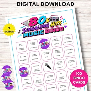 May include: A printable 80s Singalong Hits Music Bingo game sheet with a light blue border. The header features the text 80s Singalong Hits Music Bingo, a boombox, and musical notes. The grid contains song titles, artist names, and icons.
