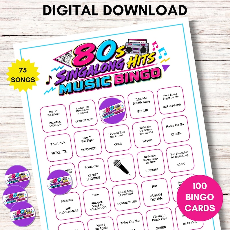 May include: A printable 80s Singalong Hits Music Bingo game sheet with a light blue border. The header features the text 80s Singalong Hits Music Bingo, a boombox, and musical notes. The grid contains song titles, artist names, and icons.