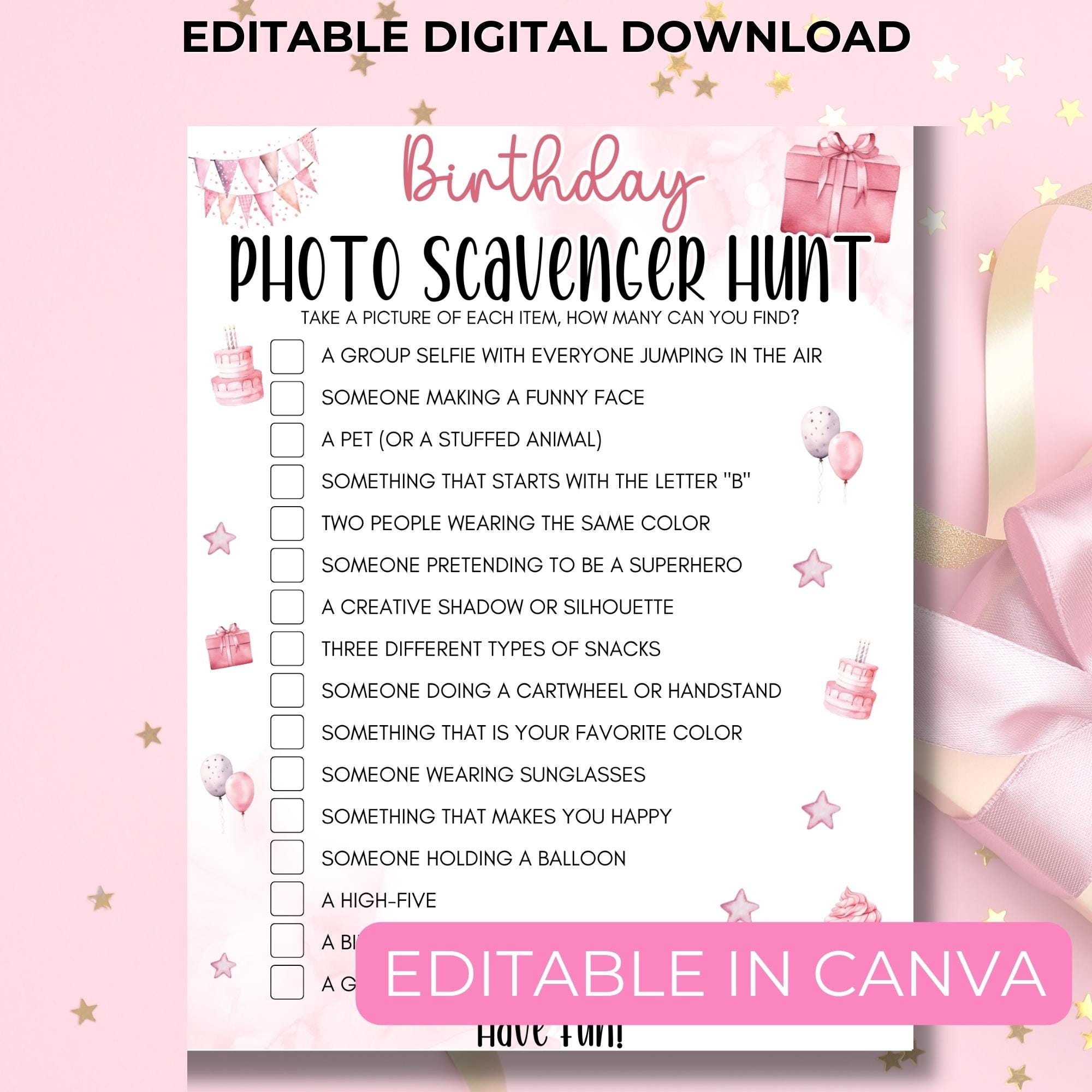Photo Scavenger Hunt For Teens and Tweens, Printable Birthday Girl Games, Editable, Instant Download
