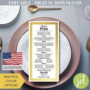 Puede incluir: Una invitación digital con un marco dorado, que muestra "Back in 1946" e información sobre el año, como noticias, deportes, películas y precios. La bandera estadounidense y "US Edition" también son visibles. Incluye el texto "David nació el 3 de diciembre de 1946".