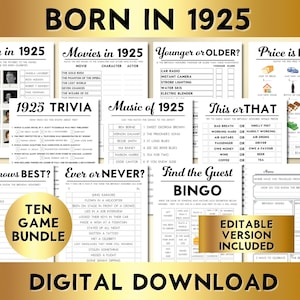 Juegos para fiestas de cumpleaños número 100, nacidos en 1925, paquete de 10 juegos imprimibles, descarga instantánea, editables, personalizables, música, trivia, libro de visitas BP001
