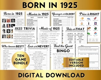 99th Birthday Party Games, Born in 1925, Editable Printable Game Bundle, Instant Download, Price Is Right, Music, Trivia, Guest Book BP001