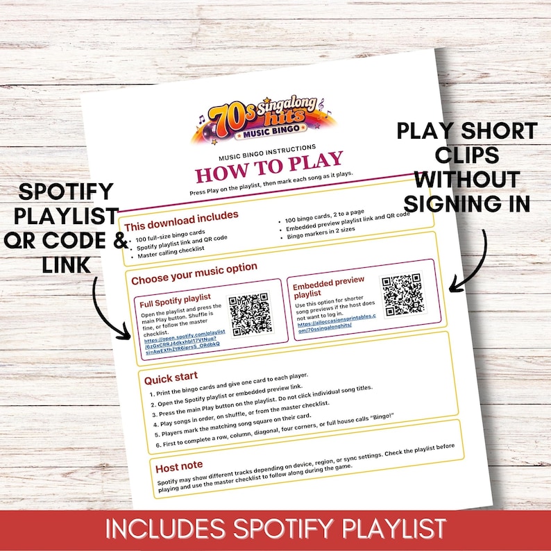 May include: A 70s Singalong Hits Music Bingo instruction sheet featuring a colorful logo, a how-to-play guide, and two QR codes for Spotify playlists. The document outlines game rules, includes a quick start section, and a host note.