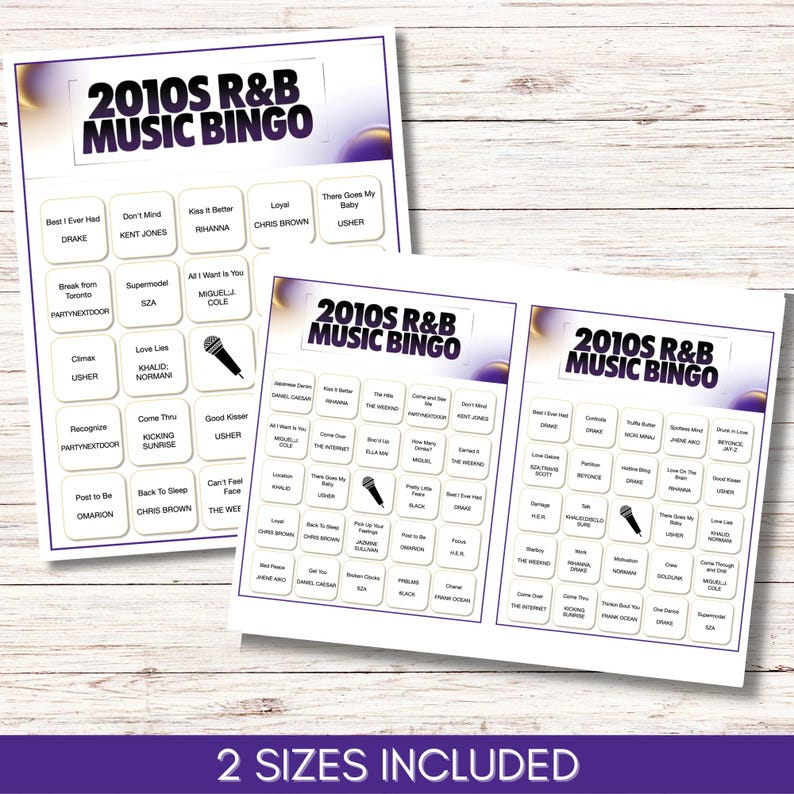 2010s R&B Music Bingo Game – Printable Party Game, 75 Songs 100 Cards
