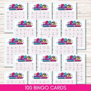 May include: A collection of 80s Singalong Hits Music Bingo cards featuring a retro boombox graphic, colorful musical notes, and a grid of song titles and artist names. Each card has a white background with pink and blue text and borders.