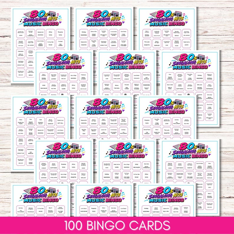 May include: A collection of 80s Singalong Hits Music Bingo cards featuring a retro boombox graphic, colorful musical notes, and a grid of song titles and artist names. Each card has a white background with pink and blue text and borders.