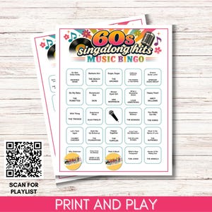 May include: A 60s singalong hits music bingo game card featuring a colorful retro design with a vinyl record, microphone, and musical notes. The grid contains song titles and artist names, with two circular stickers and a QR code for a playlist.