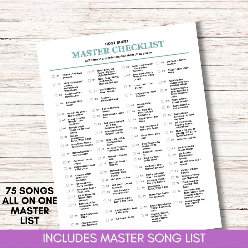 70s Party Anthems Music Bingo, 75 Songs, 200 Cards, Printable Retro Party Game