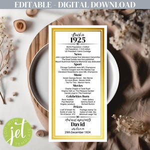 Platzkarten zum 100. Geburtstag, bearbeitbares druckbares US 1925-Design, anpassbare Tischkarten zum Feiern, Dinner-Party