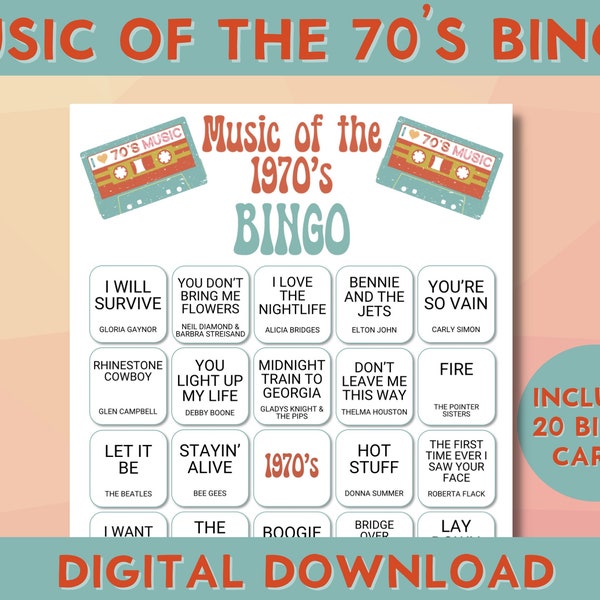 Printable Music of the 1970's Bingo Game, 20 Cards, Instant Download, Born in the 70's, 50th Birthday, Adult Party,  D70