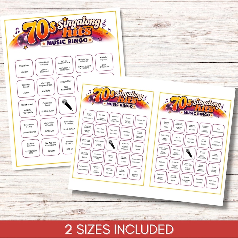 May include: A set of 70s singalong hits music bingo game cards featuring a colorful rainbow header with the text 70s singalong hits music bingo, a grid of song titles and artist names, and a microphone icon in the center of each bingo board.
