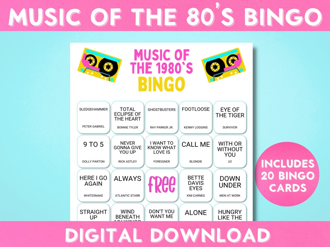 Printable Music of the 1980's Bingo Game, 20 Cards, Instant Download ...