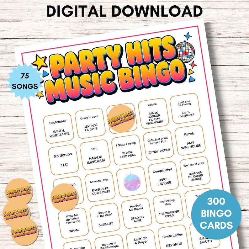 Puede incluir: Una descarga digital de un juego de bingo musical Party Hits. El juego presenta un dise&ntilde;o colorido con el texto "Party Hits Music Bingo" e incluye 75 canciones y 300 cartones de bingo. Incluye cartones de bingo con t&iacute;tulos de canciones y nombres de artistas.