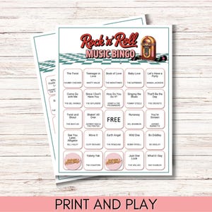 1950s & 60s Rock 'n' Roll Music Bingo Game – Printable Retro Party Game – 100 Unique Cards – Instant Download – Rock and Roll Bingo