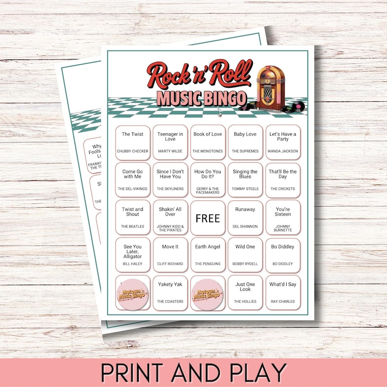 1950s & 60s Rock 'n' Roll Music Bingo Game – Printable Retro Party Game – 100 Unique Cards – Instant Download – Rock and Roll Bingo
