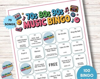 70s 80s 90s Music Bingo, Decades Bingo, Printable Game with 100 Bingo Cards, Spotify Playlist, Digital Download for Family Reunion or Party