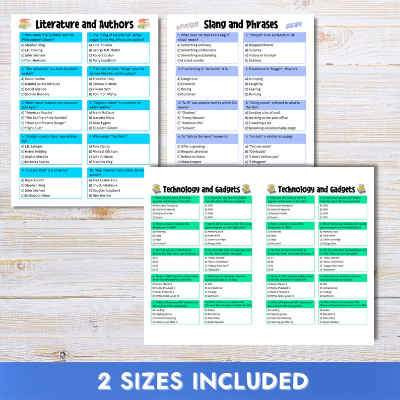 90's Trivia Quiz, Game Night, Bar Quiz, 1990's Family Games, Nineties, 100 Questions, Printable Instant Download