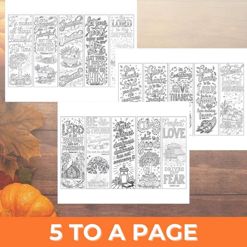 May include: A set of 10 printable bookmarks with inspirational quotes and bible verses. The bookmarks feature a variety of fall-themed designs, including leaves, pumpkins, and gourds. The text on the bookmarks is in black and white, and the designs are in a simple, hand-drawn style.