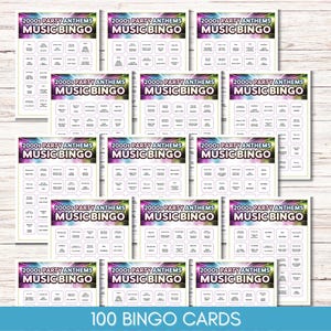 May include: A collection of 2000s Party Anthems Music Bingo cards. Each card features a vibrant gradient header and a grid of song titles. The text "100 BINGO CARDS" is displayed at the bottom.